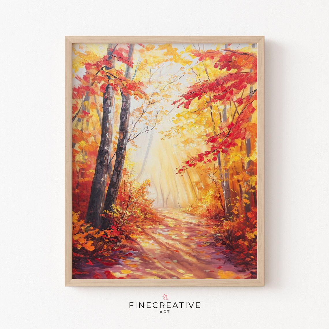 Golden Sunlit Autumn Forest Path Bright Red Leaves Art Poster