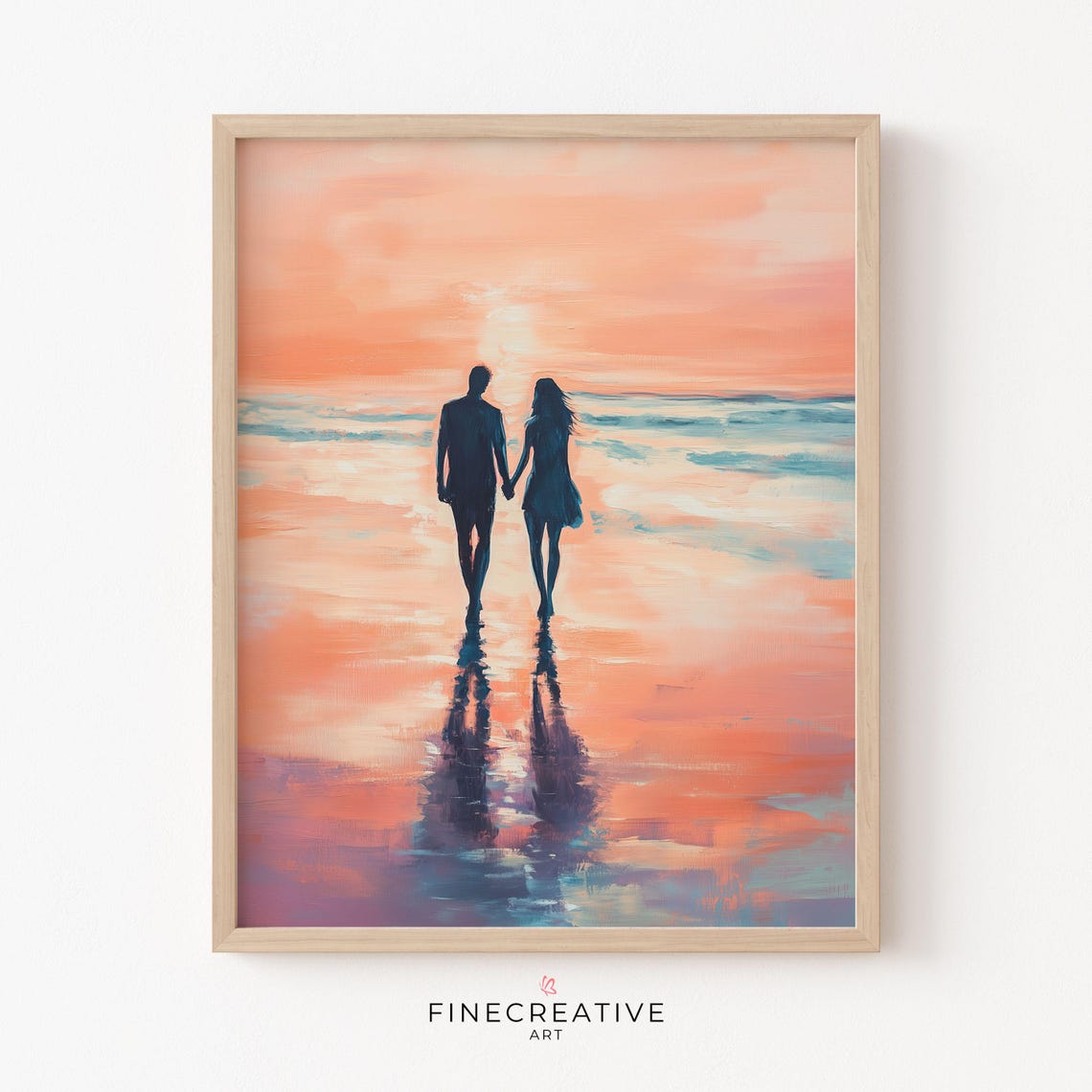 Couple Silhouettes Walking Into Ocean Sunset Painting Poster