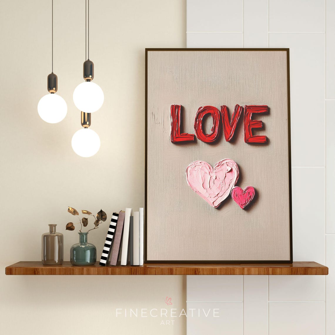 Textured Love Lettering With Pink Hearts Minimalist Wall Art - Image 4