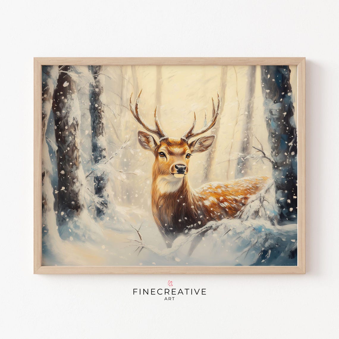 Majestic Stag with Antlers Standing in Snowy Forest Golden Poster