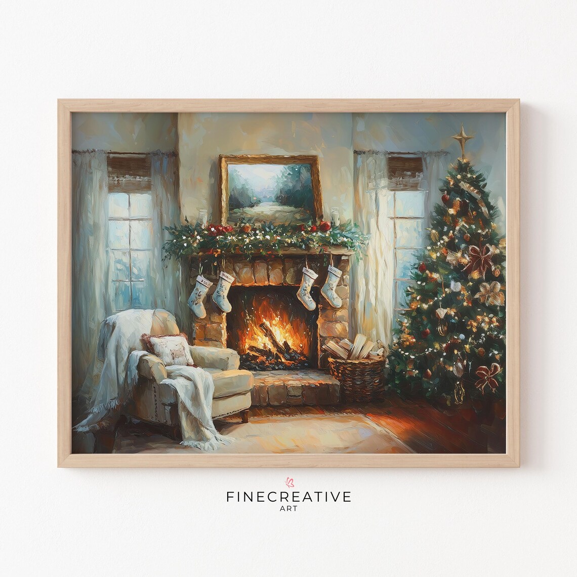 Cozy Christmas Living Room with Fireplace Stockings and Tree Poster