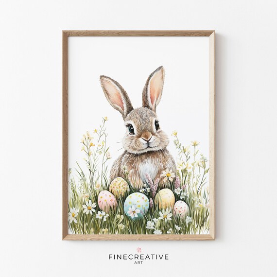 Cute Bunny with Easter Eggs Among Spring Daisies Painting Poster
