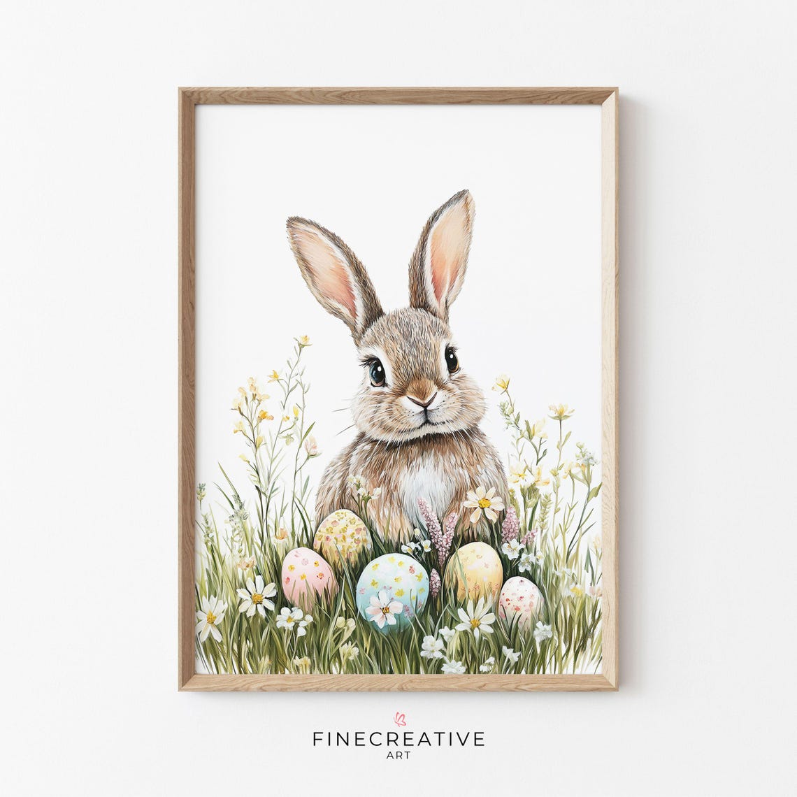 Cute Bunny with Easter Eggs Among Spring Daisies Painting Poster