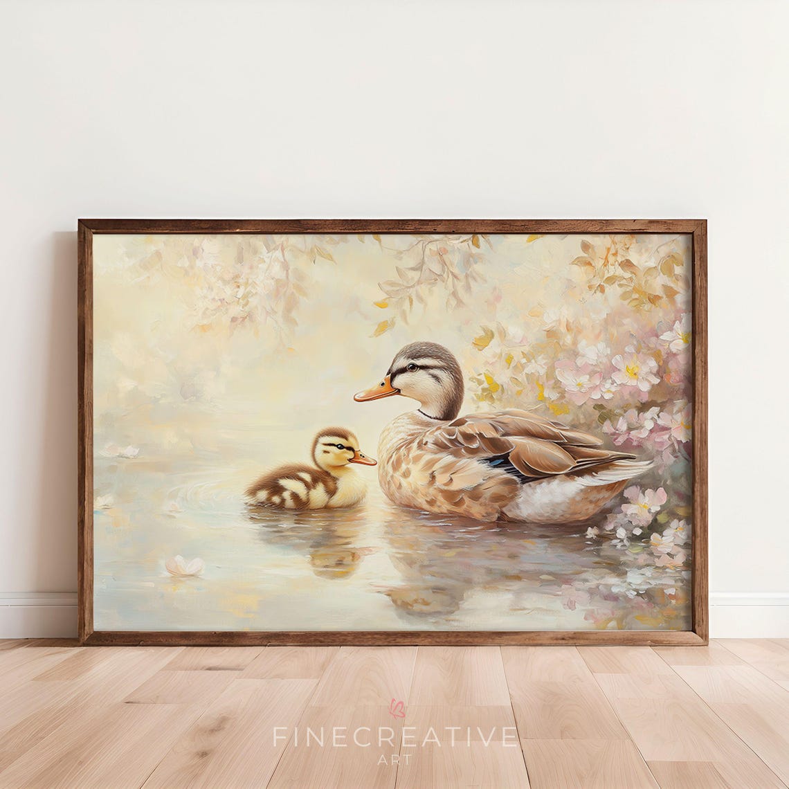 Mother Duck And Duckling Spring Blossom Pond Watercolor Print - Image 2