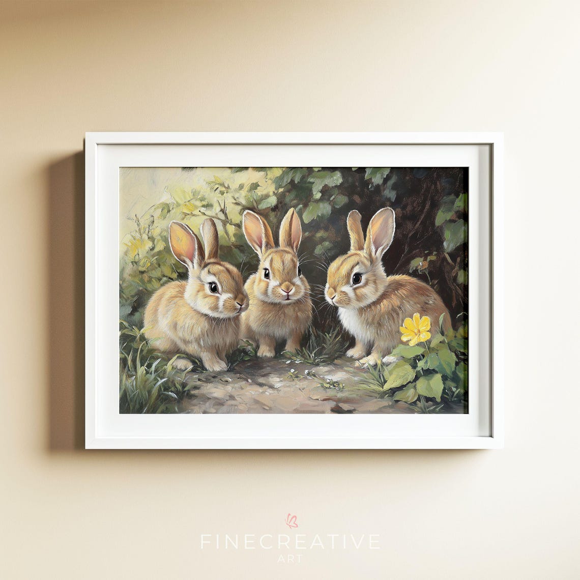 Three Fluffy Baby Bunnies Among Leaves Easter Spring Rabbit Print - Image 4