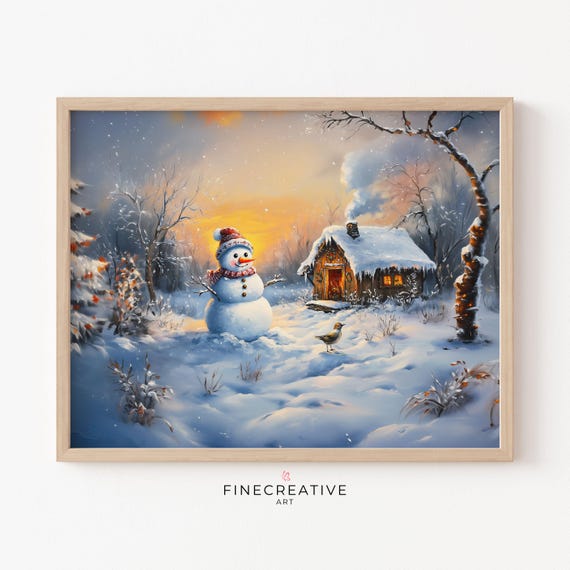 Snowman Wall Art Winter Painting Wall Art Cute Winter Landscape Print Holiday Christmas Decor Instant D101