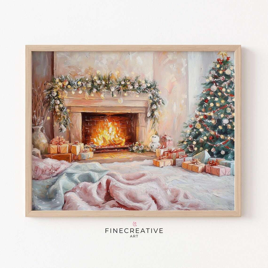 Cozy Christmas Fireplace Mantel Gifts Festive Painting Poster