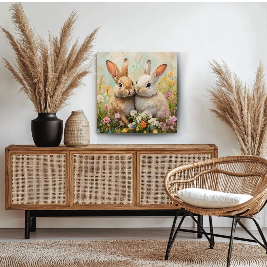 Two Bunnies Nose To Nose Spring Wildflower Meadow Oil Painting Poster
