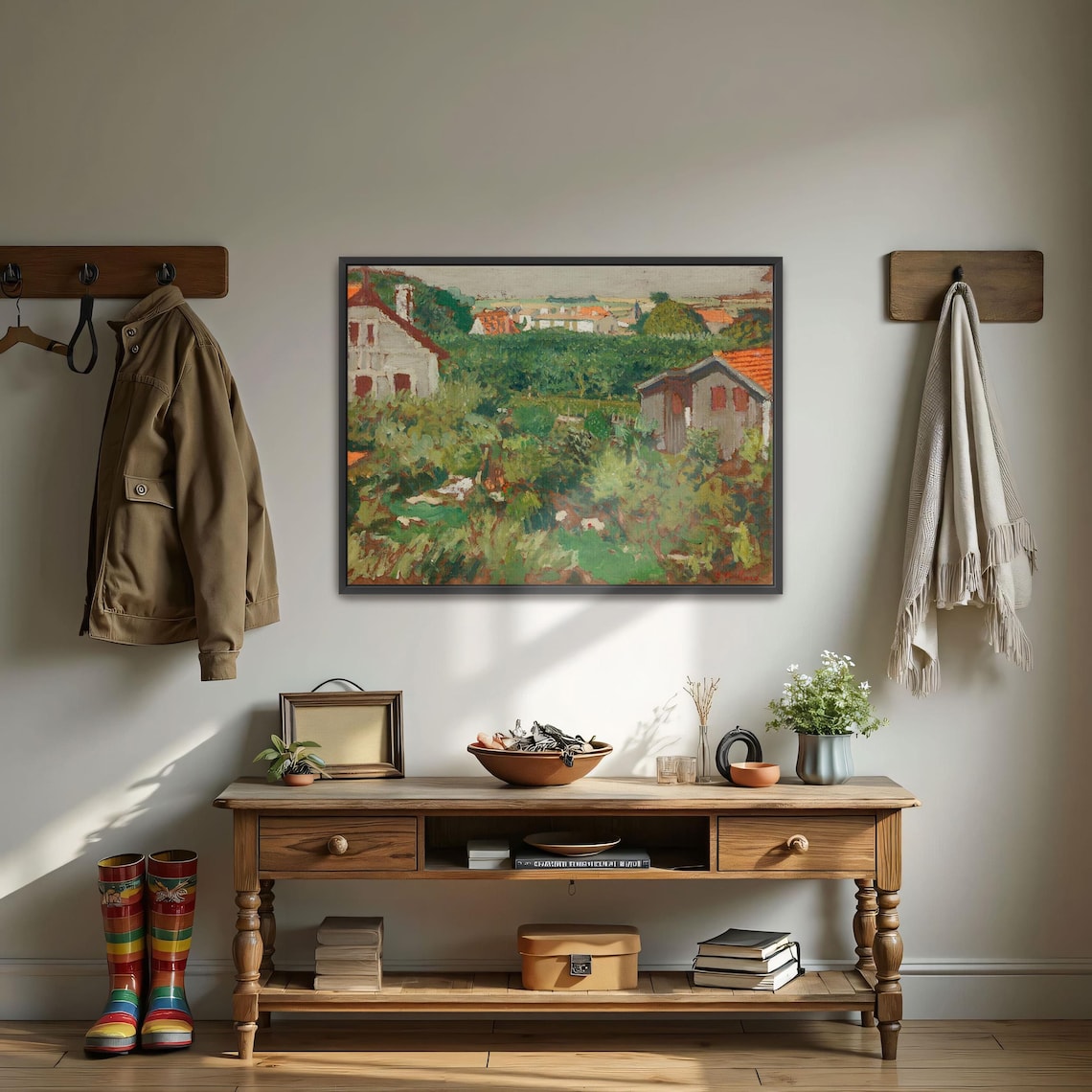Village Houses with Red Shutters among Lush Green Gardens Poster - Image 4