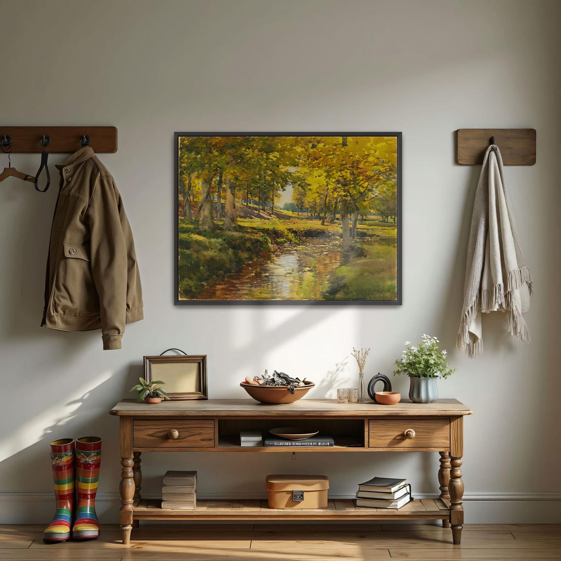 Autumn Stream Flowing Through Golden Fall Woods Landscape Poster