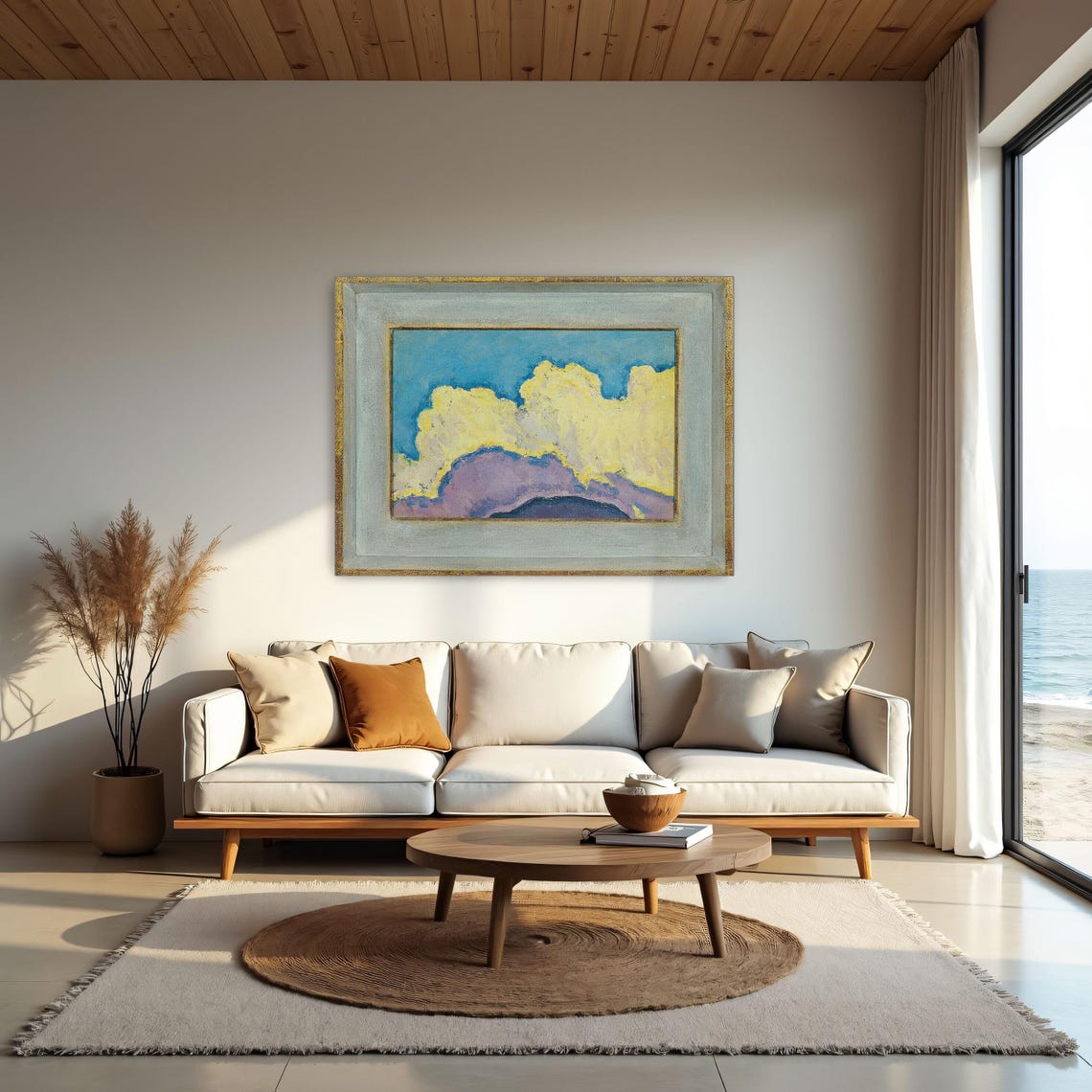Framed Print Of Abstract Cloud Landscape Painting Cloud Wall Art Yellow And Blue Bedroom Decor Art Nouveau Oil Painting - Image 2