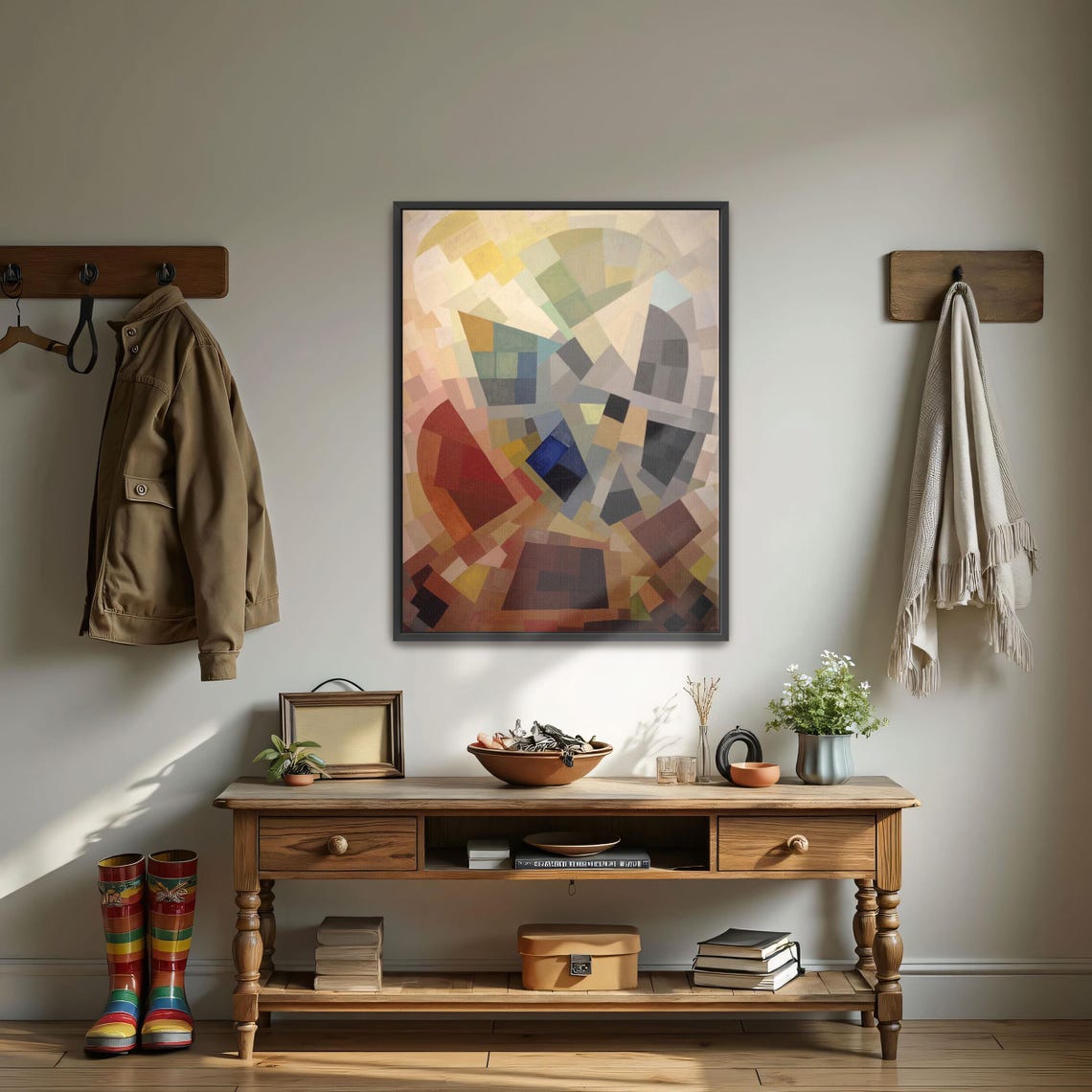 Geometric Abstract Painting in Red Blue and Beige Tones Poster - Image 4