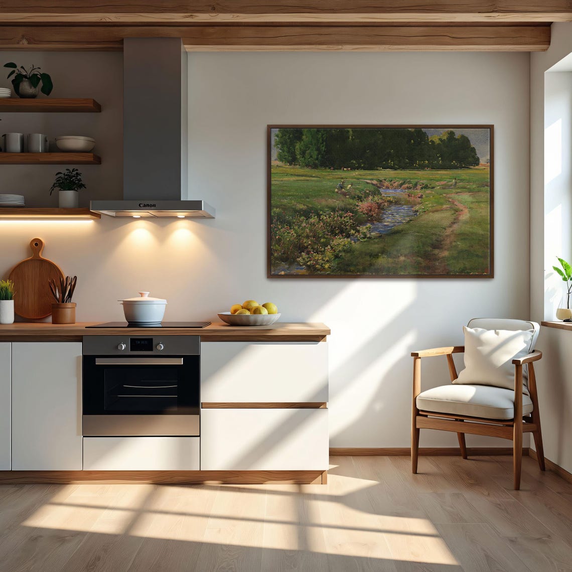 Stream Through Green Meadow Pastoral Landscape Oil Art Poster - Image 6