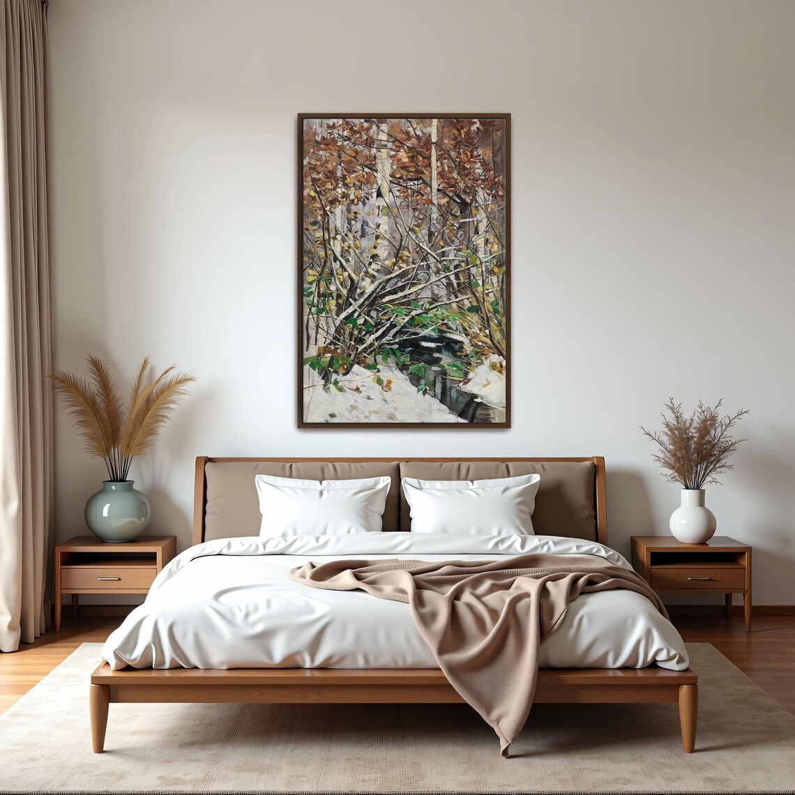 Framed Print Of Snowy Birch Forest With Stream Landscape Fine Art Print White And Brown Entryway Artwork Rustic Oil Painting - Image 5