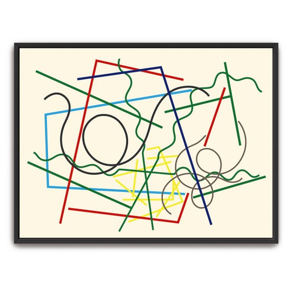 Framed Print Of Abstract Geometric Lines And Shapes Geometric Wall Art Green And Red Entryway Art Contemporary Illustration