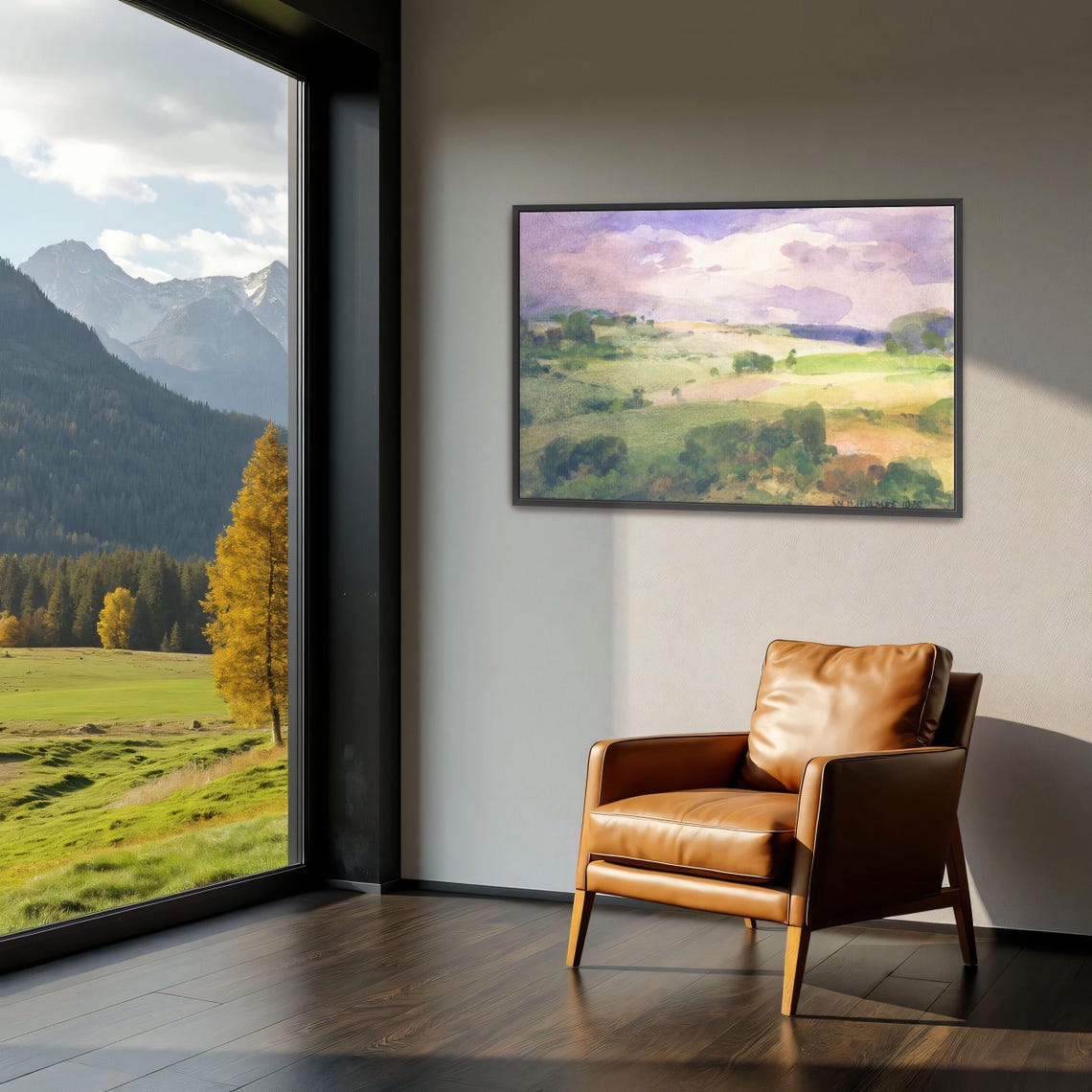 Framed Print Of Rolling Hills Under A Cloudy Sky Landscape Wall Art Green And Purple Living Room Artwork Contemporary Art - Image 2