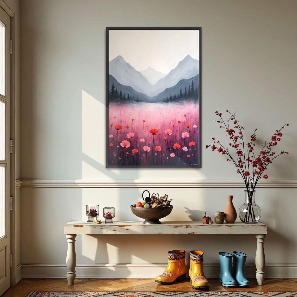 Misty Mountain Lake With Tall Pink And Coral Wildflowers Framed Poster - Image 3