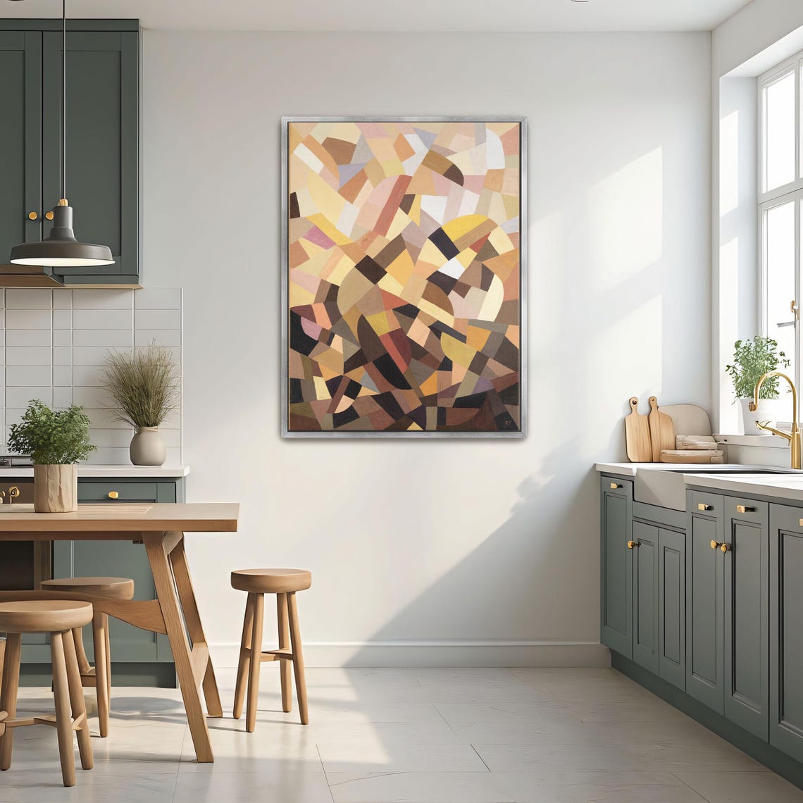 Framed Wall Art Of Abstract Geometric Painting With Brown Yellow And Pink Shapes Geometric Fine Art Print Art Deco Oil Painting