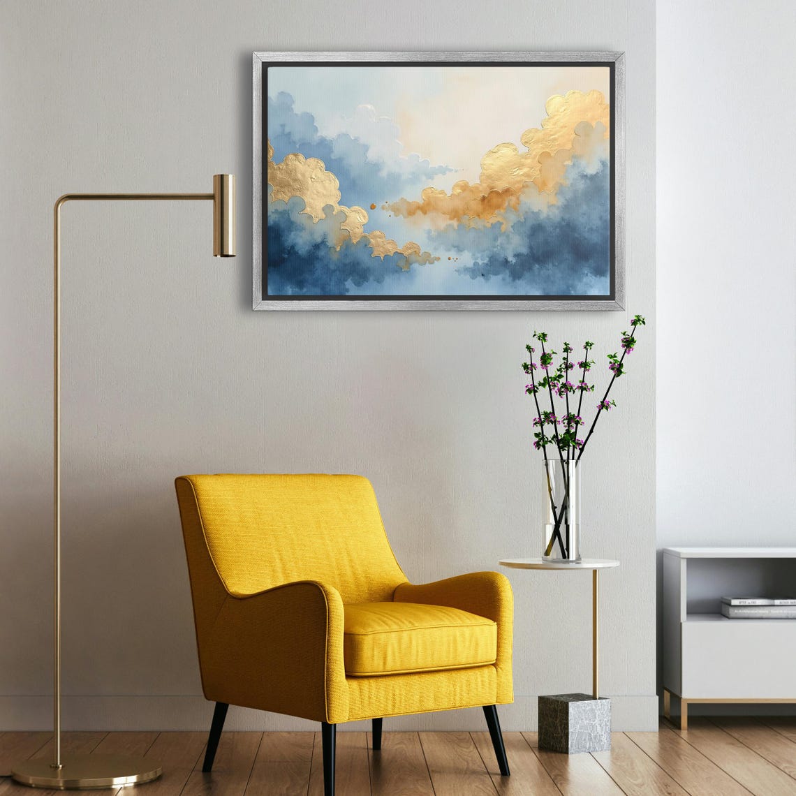 Golden Edged Blue Clouds In Gold Leaf Watercolor Abstract Art Poster - Image 5