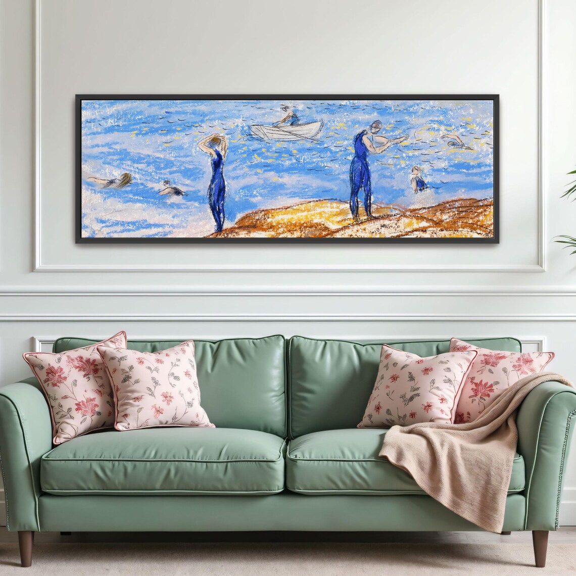 Pastel Drawing of Swimmers and Boats in Bright Blue Water Poster