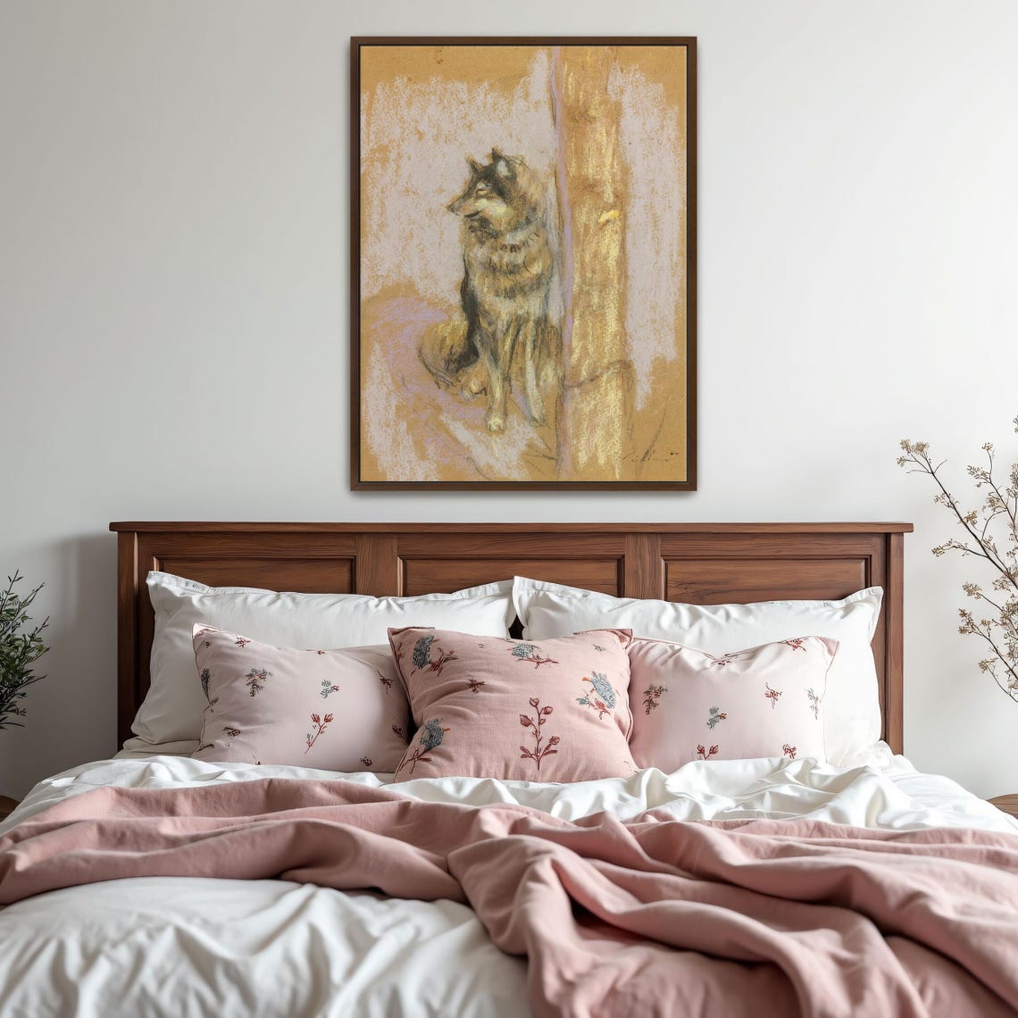 Wolf Dog Seated by a Wooden Post Vintage Pastel Animal Study Art Print - Image 5