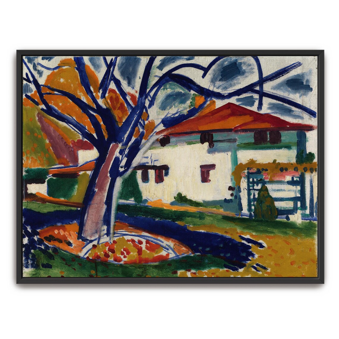 White House With Red Roof And Bold Blue Tree Fauvist Style Poster