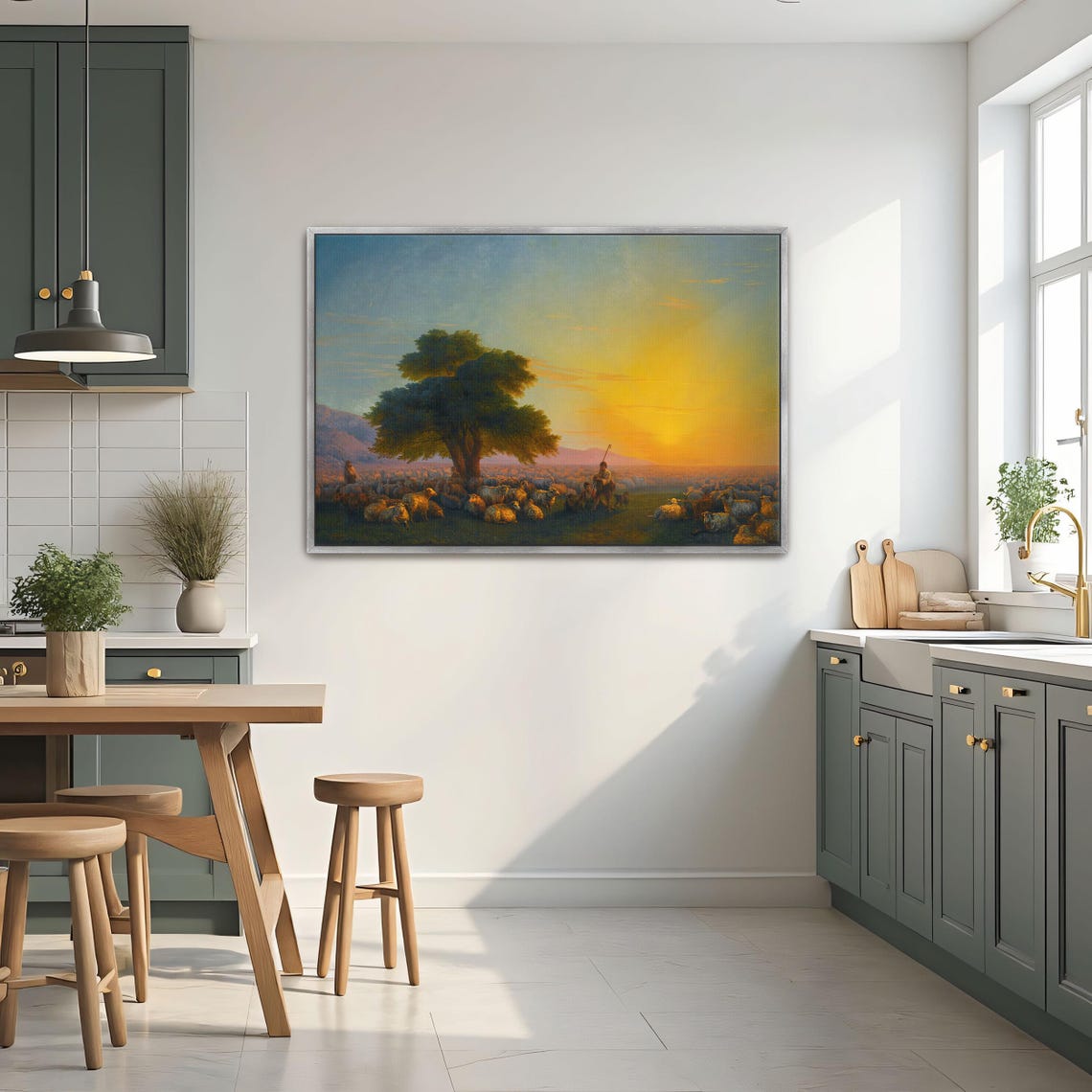 Shepherds with Flock at Sunset under a Great Tree Art Poster - Image 3
