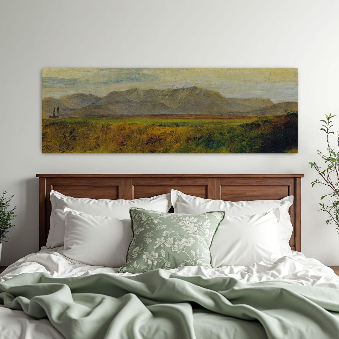 Mountain Range Landscape With Green Fields Panoramic Wall Art Horizontal Framed Art Above Bed Wall Art Bedroom And Living Room Art - Image 3