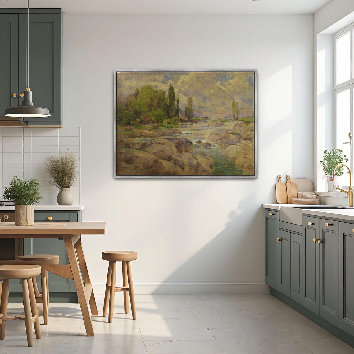 Rocky Riverbed with Green Trees under Cloudy Skies Landscape Poster - Image 3