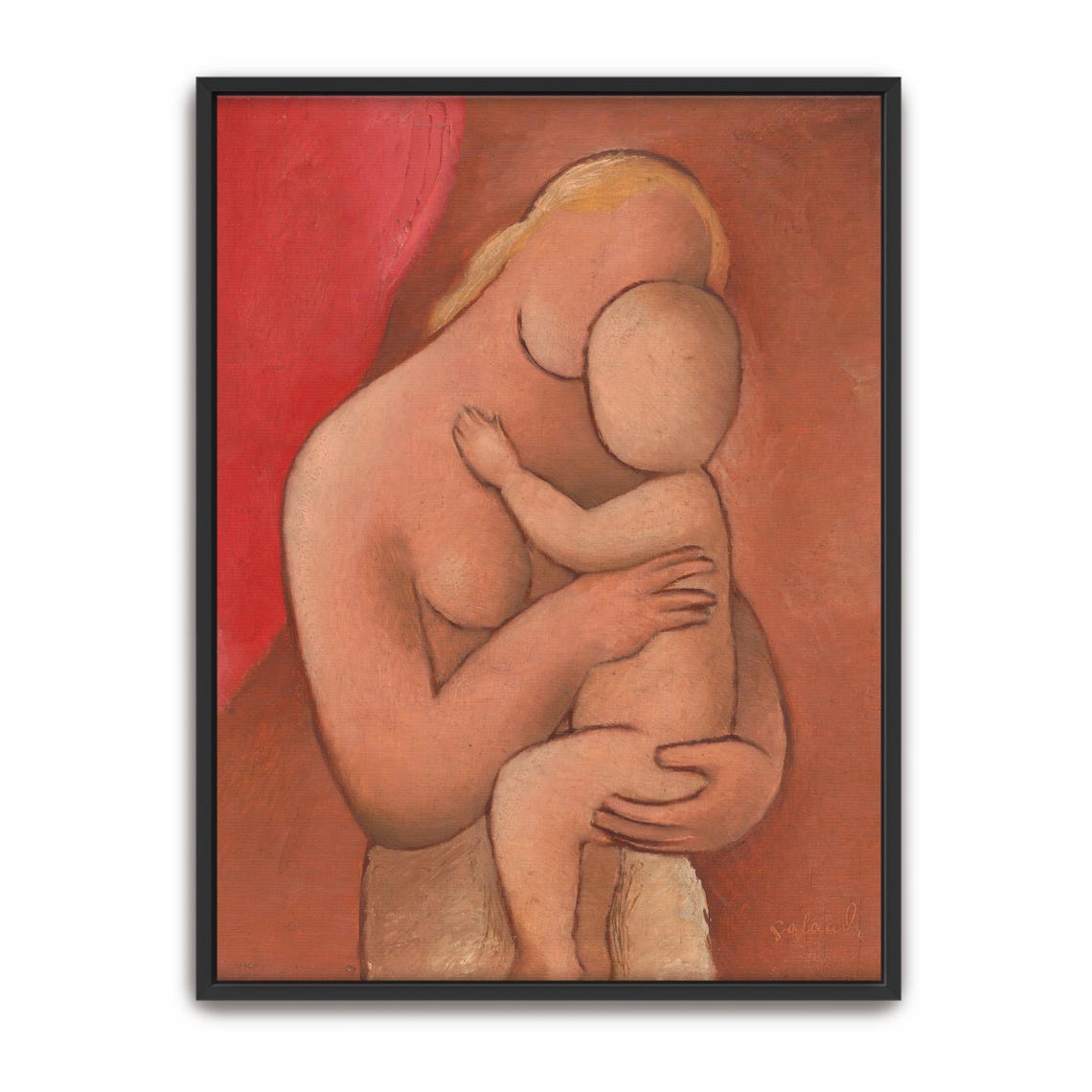 Mother Holding A Child On A Red Background Portrait Painting Poster