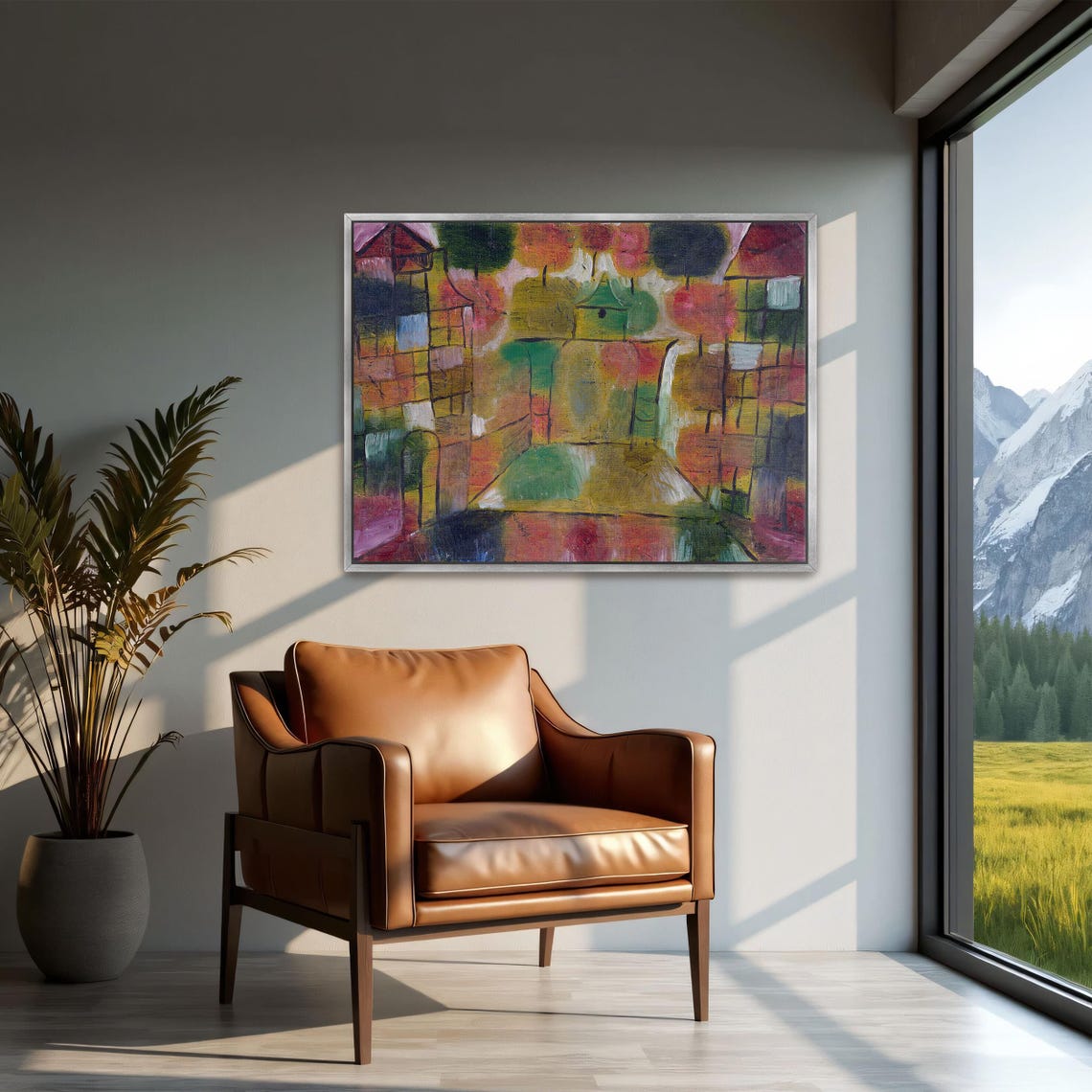 Paul Klee Framed Print Abstract Painting Of Buildings With Trees Geometric Print Green And Yellow Entryway Art Print - Image 2