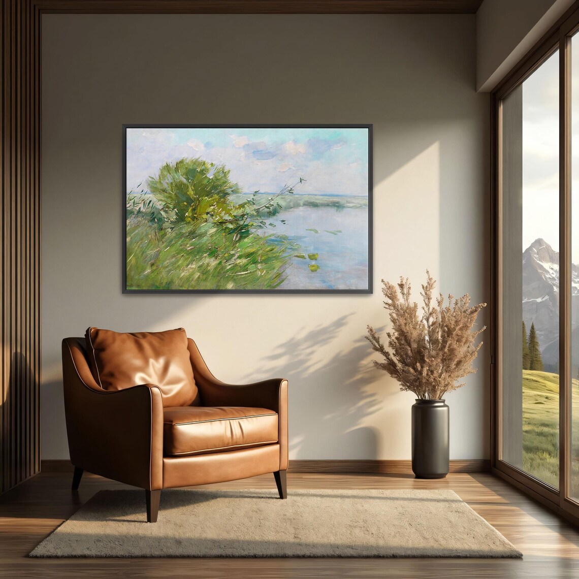 Large Framed Print Of Lake Landscape With Green Trees Landscape Wall Art Green And Blue Entryway Artwork Rustic Oil Painting - Image 3