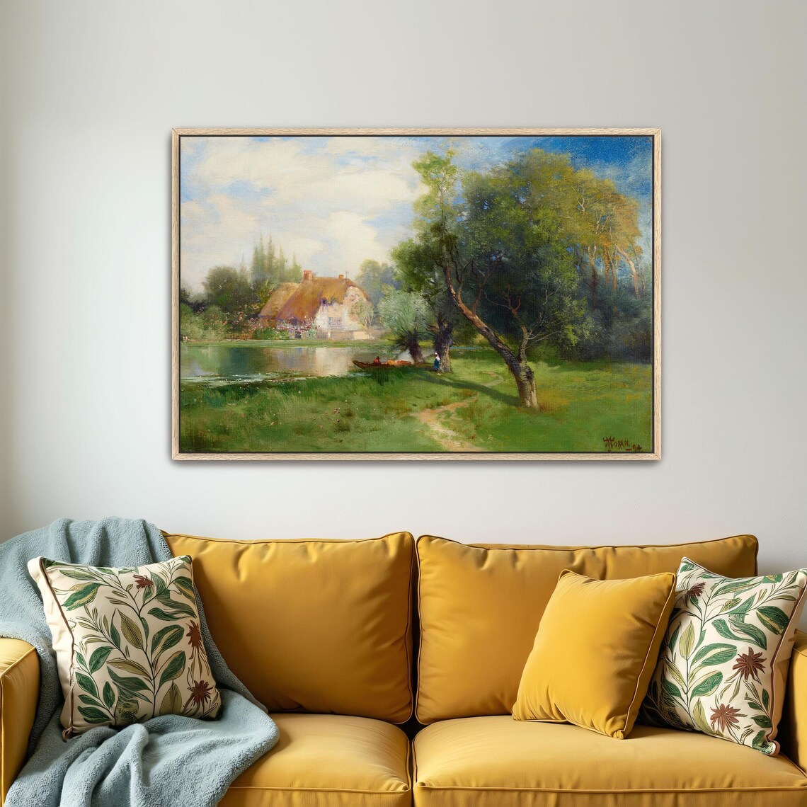 Framed Wall Art Of Cottage By A Lake With Trees Landscape Fine Art Print Green And Blue Entryway Decor Rustic Oil Painting - Image 4