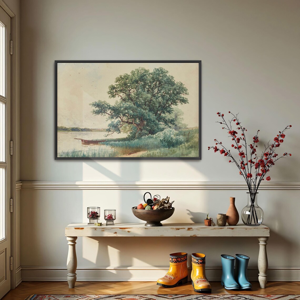 Framed Wall Art Of A Boat On A River Bank Under A Tree Landscape Print Green And White Bedroom Art Print Minimalist Artwork