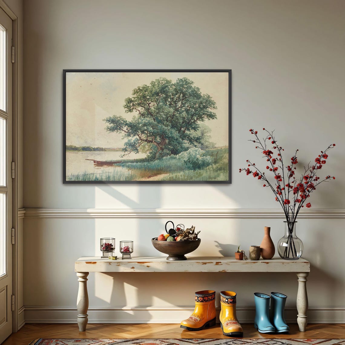 Lone Leaning Tree on the River Bank with a Boat Landscape Poster