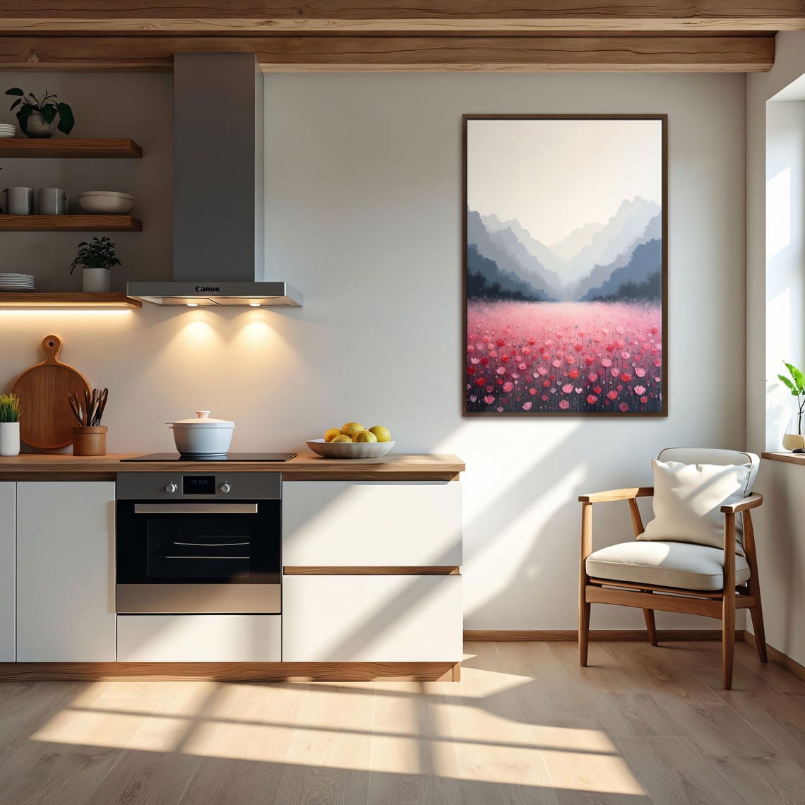 Pink Flower Field beneath Misty Blue Mountains Landscape Poster - Image 5