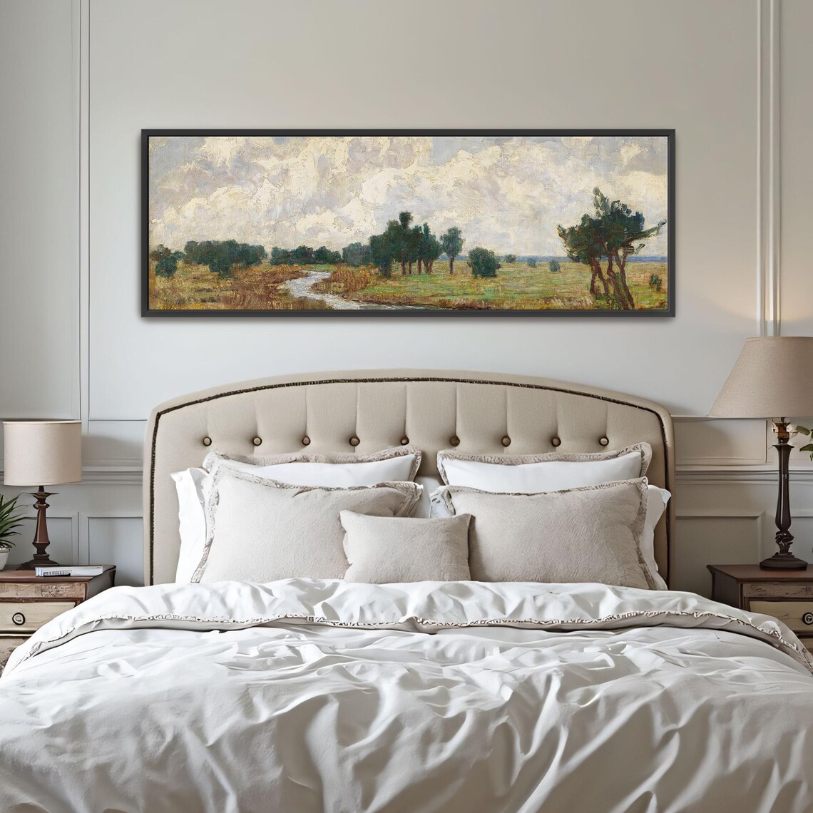 Landscape Painting With River And Trees Panoramic Wall Art Horizontal Framed Art Above Bed Wall Art Bedroom And Living Room Art Wide - Image 4