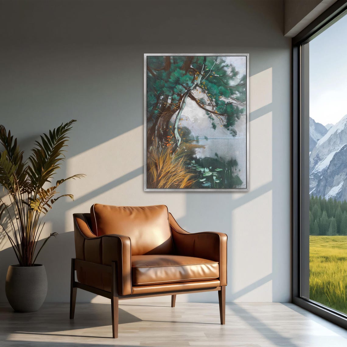 Leaning Pine Tree Over A Misty Lake With Water Lilies Poster - Image 2