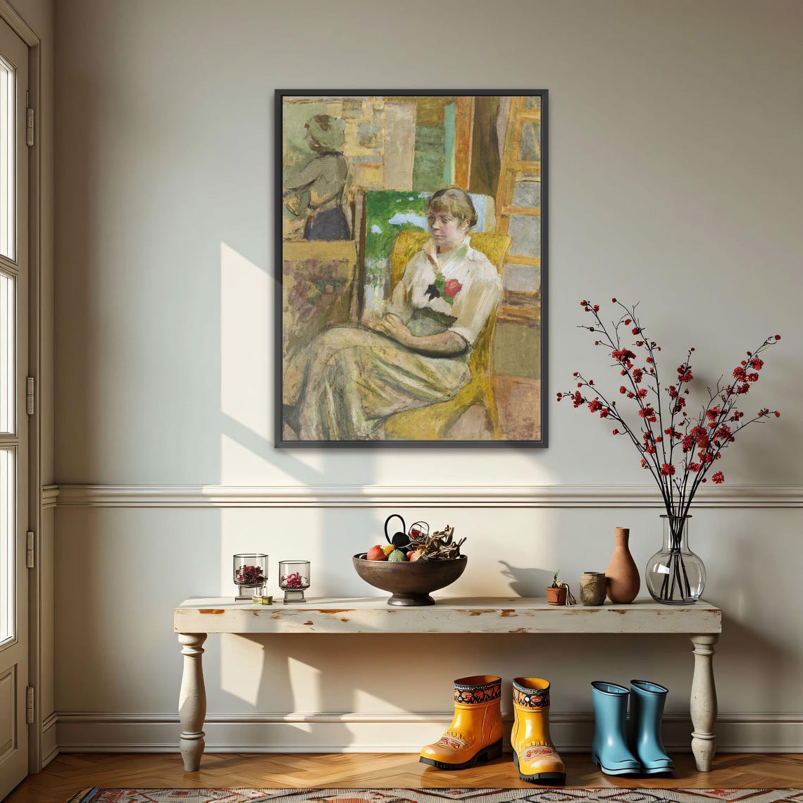 Woman in a Chair with a Rose Relaxed Interior Portrait Poster
