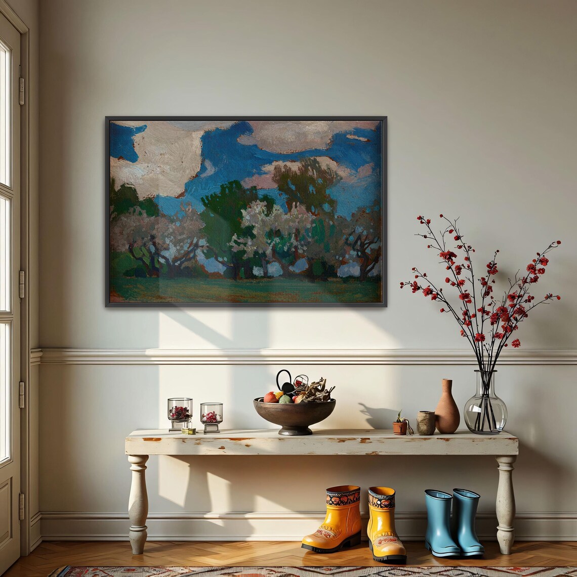 Framed Wall Art Of A Landscape Painting Of Trees In Bloom Landscape Print Green And Blue Entryway Decor Rustic Oil Painting - Image 3