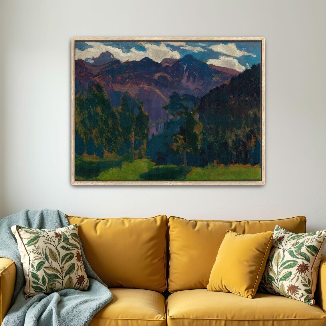 Framed Print Of Forest And Mountain Landscape Mountain Wall Art Green And Blue Living Room Art Print Rustic Oil Painting - Image 5