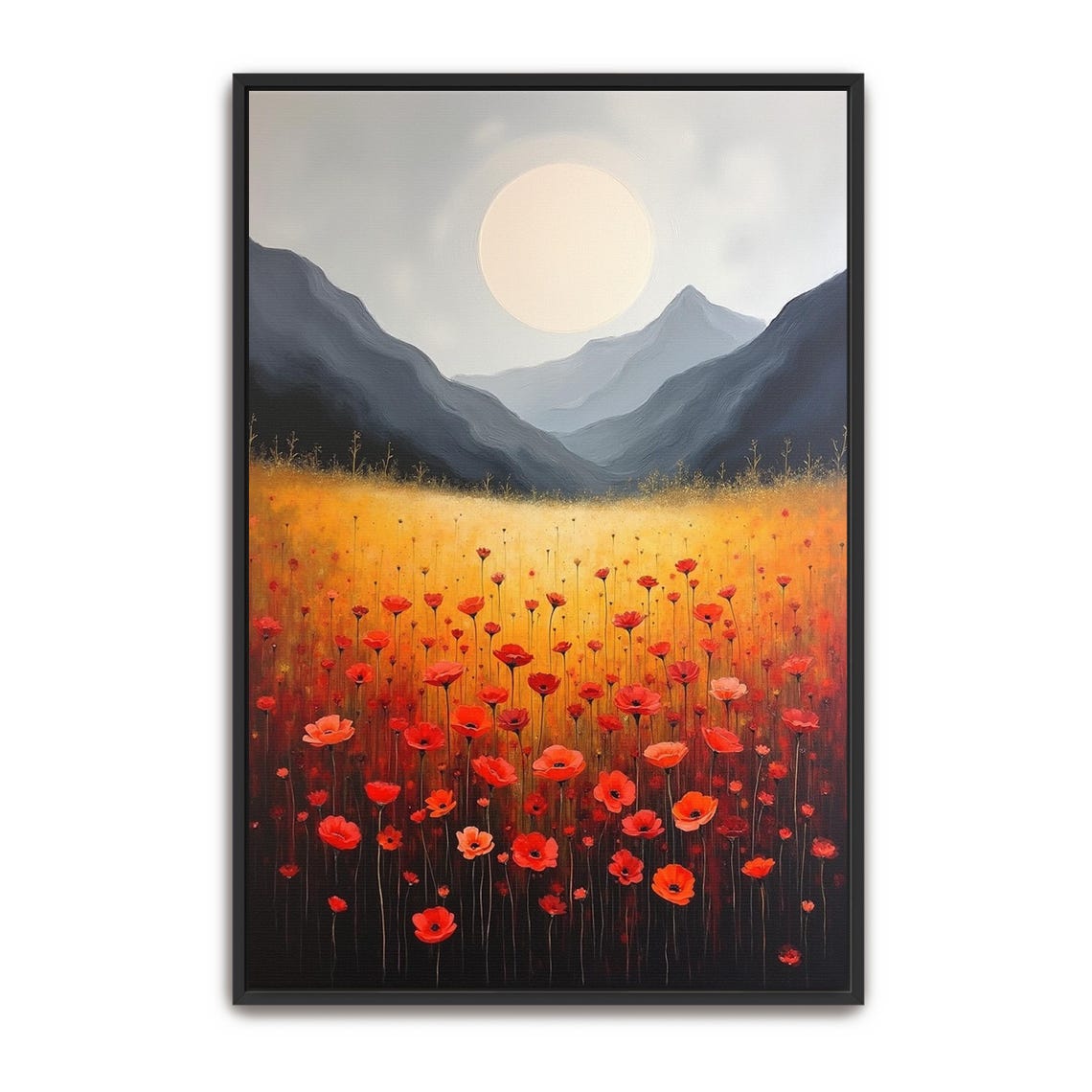 Red Poppies under a Full Moon in a Dark Mountain Valley Poster