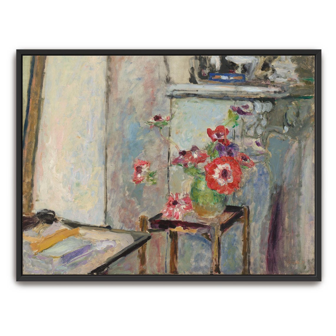 Red Anemones in a Green Vase on a Table Vintage Still Life Art Print