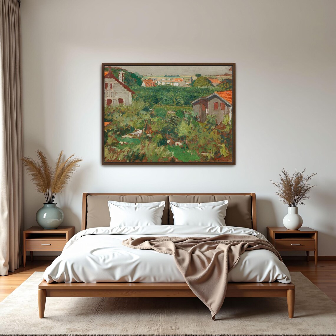 Framed Wall Art Of Houses And Trees In A Garden Landscape Wall Art Green And Brown Bedroom Art Red And White Contemporary Print - Image 6