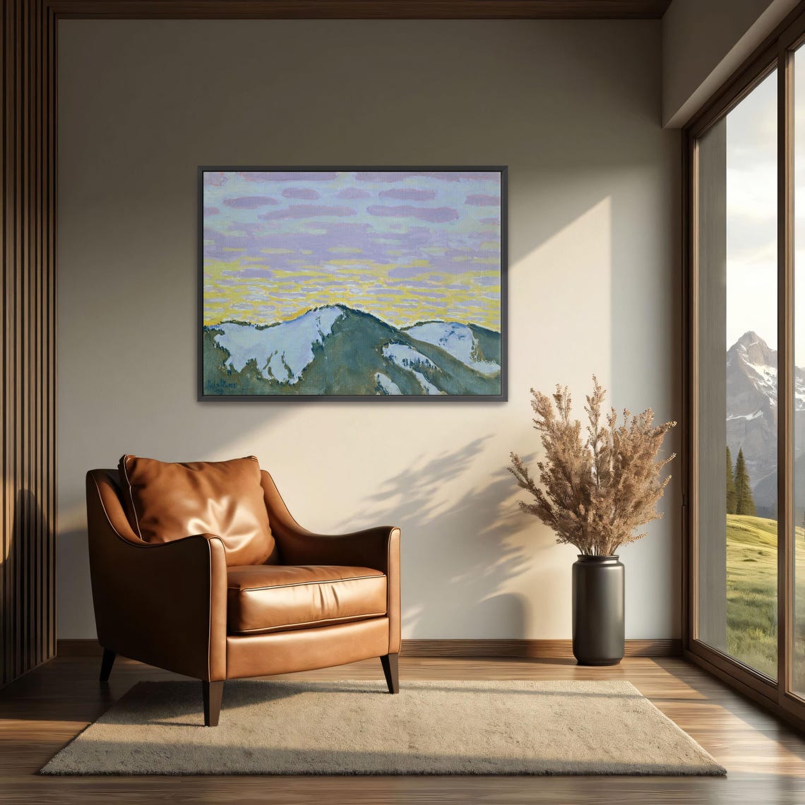 Large Framed Print Of Snowy Mountain Peaks At Dusk Mountain Print Purple And Yellow Entryway Art Print Abstract Art - Image 4