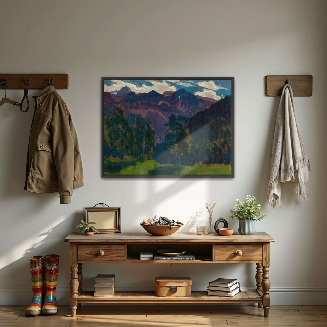 Framed Print Of Forest And Mountain Landscape Mountain Wall Art Green And Blue Living Room Art Print Rustic Oil Painting