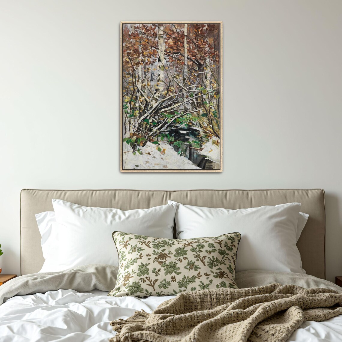 Framed Print Of Snowy Birch Forest With Stream Landscape Fine Art Print White And Brown Entryway Artwork Rustic Oil Painting - Image 4
