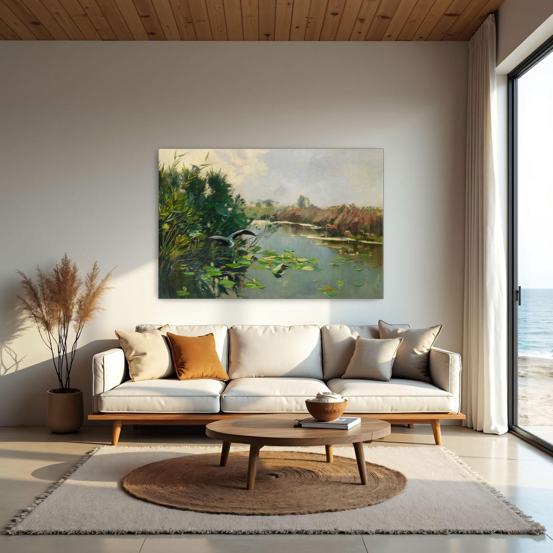 Heron in Flight Over a Lily Marsh Serene River Landscape Poster - Image 2