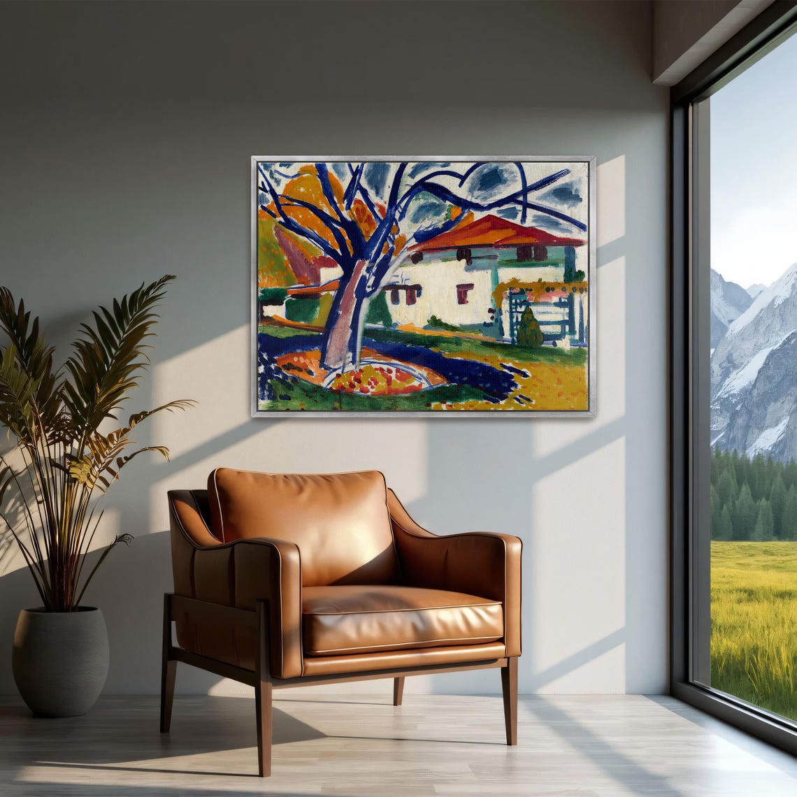 White House With Red Roof And Bold Blue Tree Fauvist Style Poster - Image 2