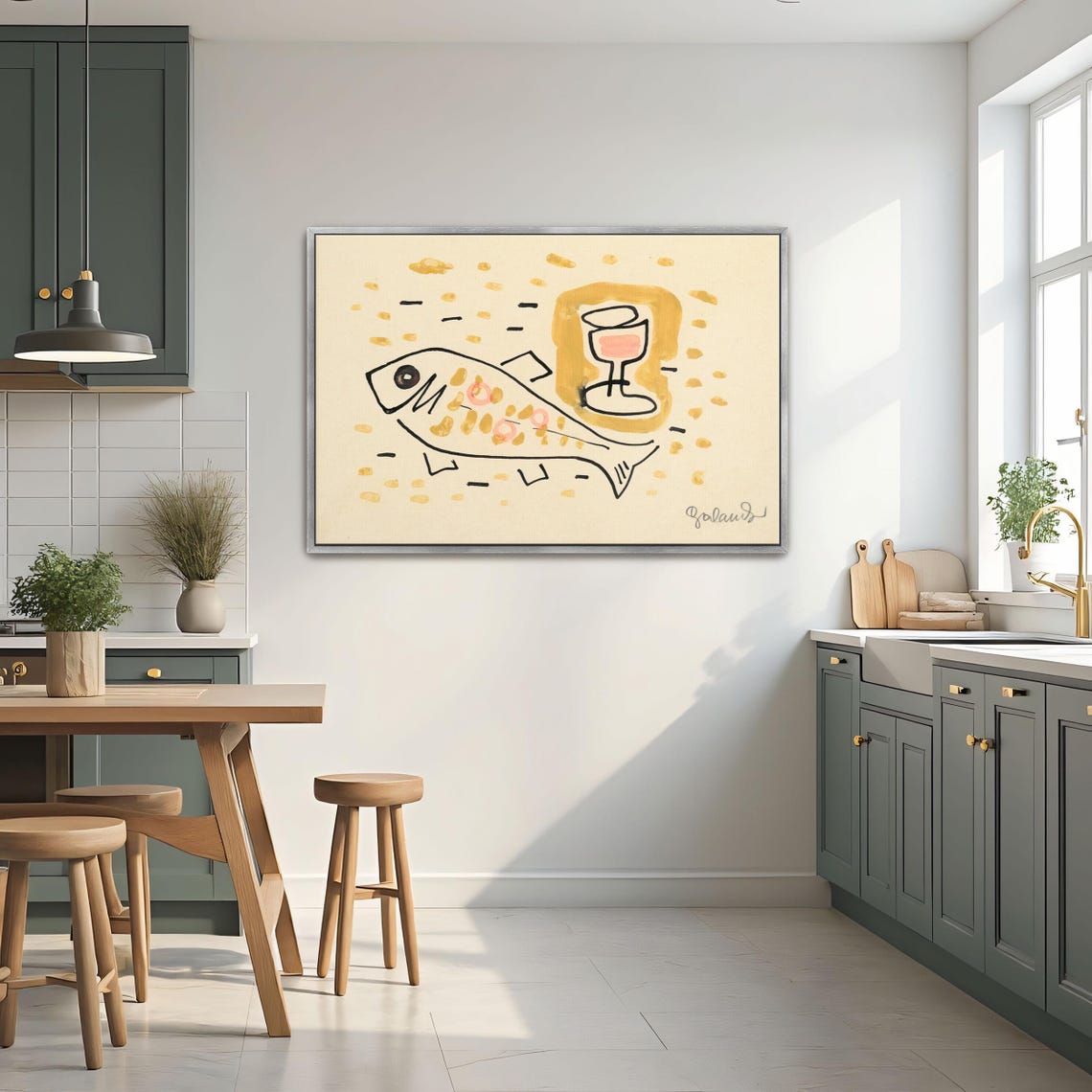 Framed Print Of Fish And Glass Of Wine Still Life Animal Print Yellow And Pink Living Room Art Print Abstract Artwork - Image 2